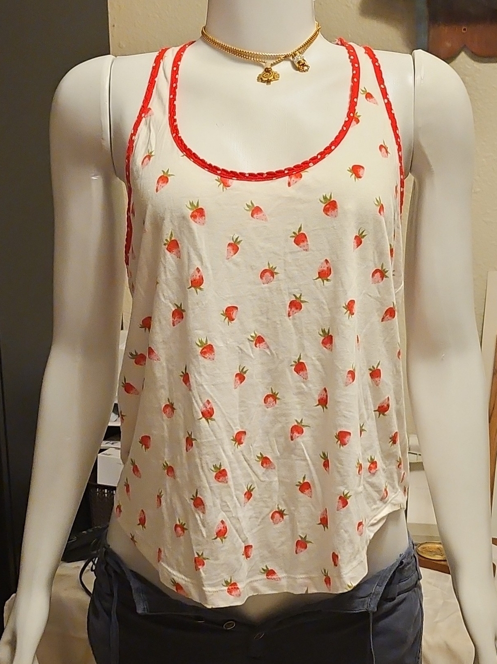 P.J. Salvage Cream Tank with Red Strawberry Print